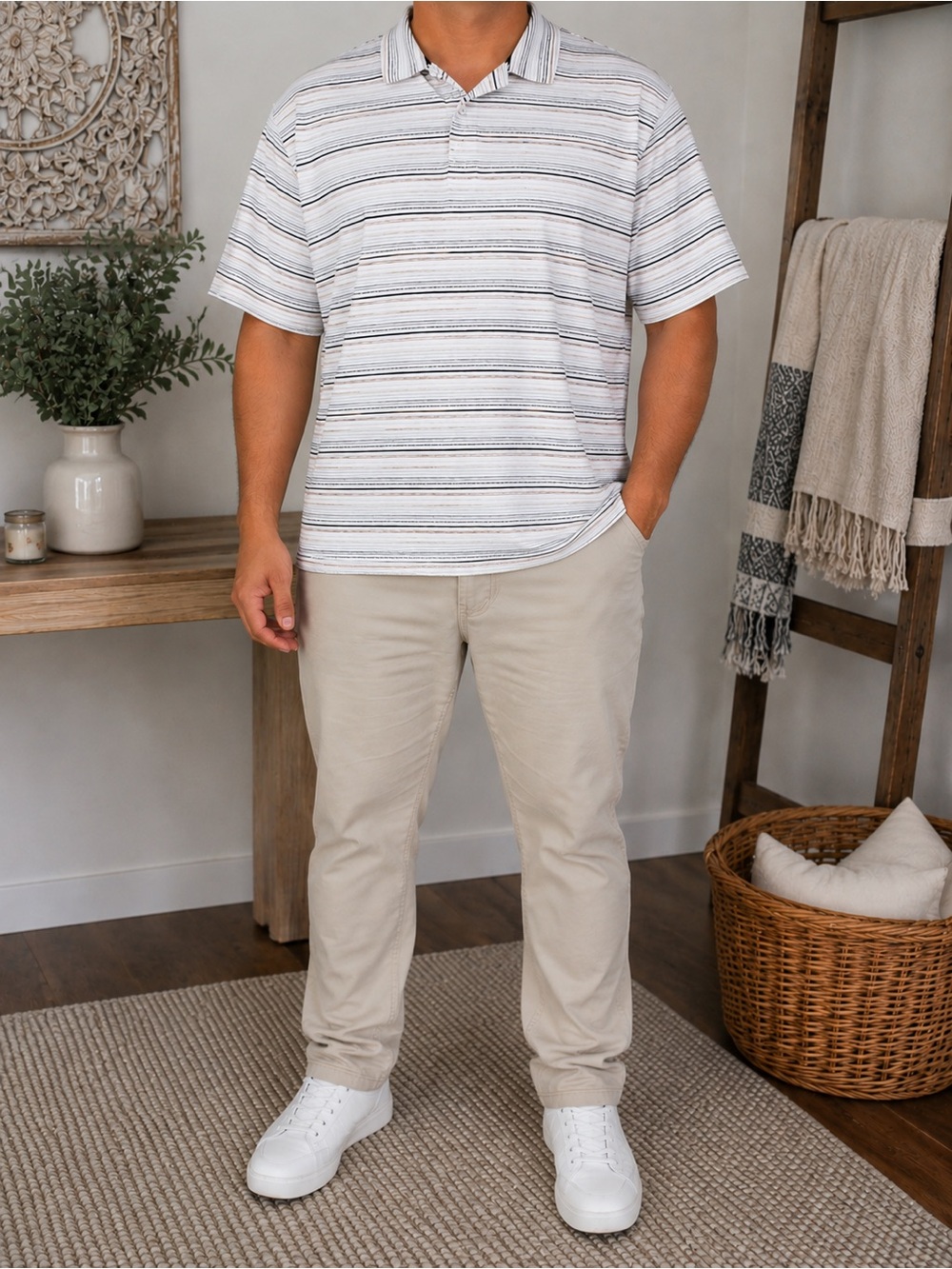Murano Men’s XL Striped Polo Shirt 100% Cotton Short Sleeve Collared Casual